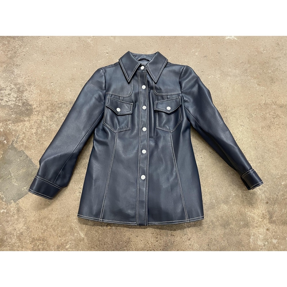 Vintage MOD-MAID Jacket Womens 12 Blue Vinyl Western Snap Front Retro 70s